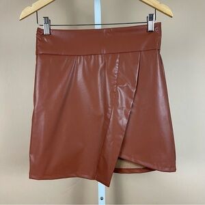 Faux Leather Medium Asymmetrical Camel Faux Wrap Mini Skirt